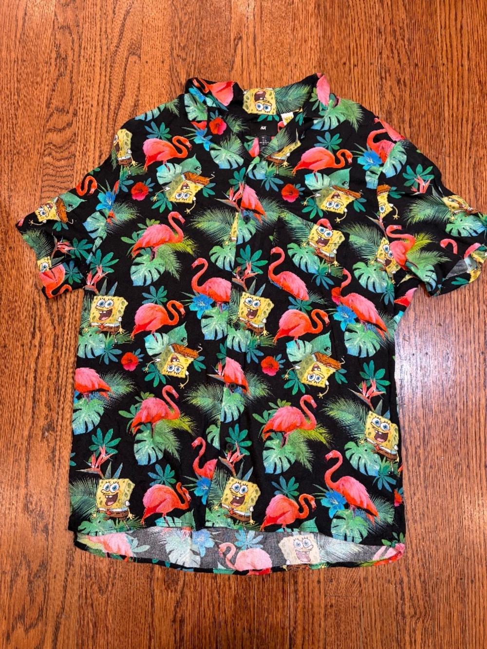 H&M x SpongeBob Tropical Hawaiian Button Up Shirt Men's Large Black Flamingo